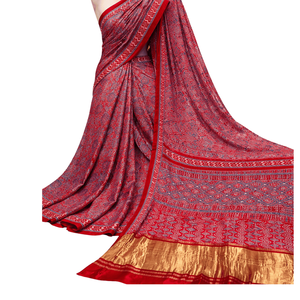 Sari en coton et soie tissé à la main Raktika Rekha Ajrakh, soie de Banarasi, imprimé à la main, doux et élégant pour les festivals et les fêtes - Product Image 3