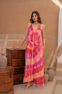 Vestido Midi de Verano con Estampado Tie Dye Rosa y Naranja, Transpirable, Estilo Bohemio, Colores Vibrantes, Sin Mangas, para la Playa o Festivales - Product Image 5