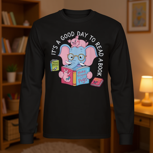 Buon Giorno per Leggere un Libro - T-shirt a Maniche Lunghe Edizione Elefante e Maiale Carino per Promozioni - Product Image 3