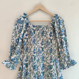 Vestido de Mujer, Vestido Largo de Algodón con Estampado a Mano, Vestido Largo con Escote Cuadrado y Fruncido, Vestido de Verano de Algodón - Product Image 1