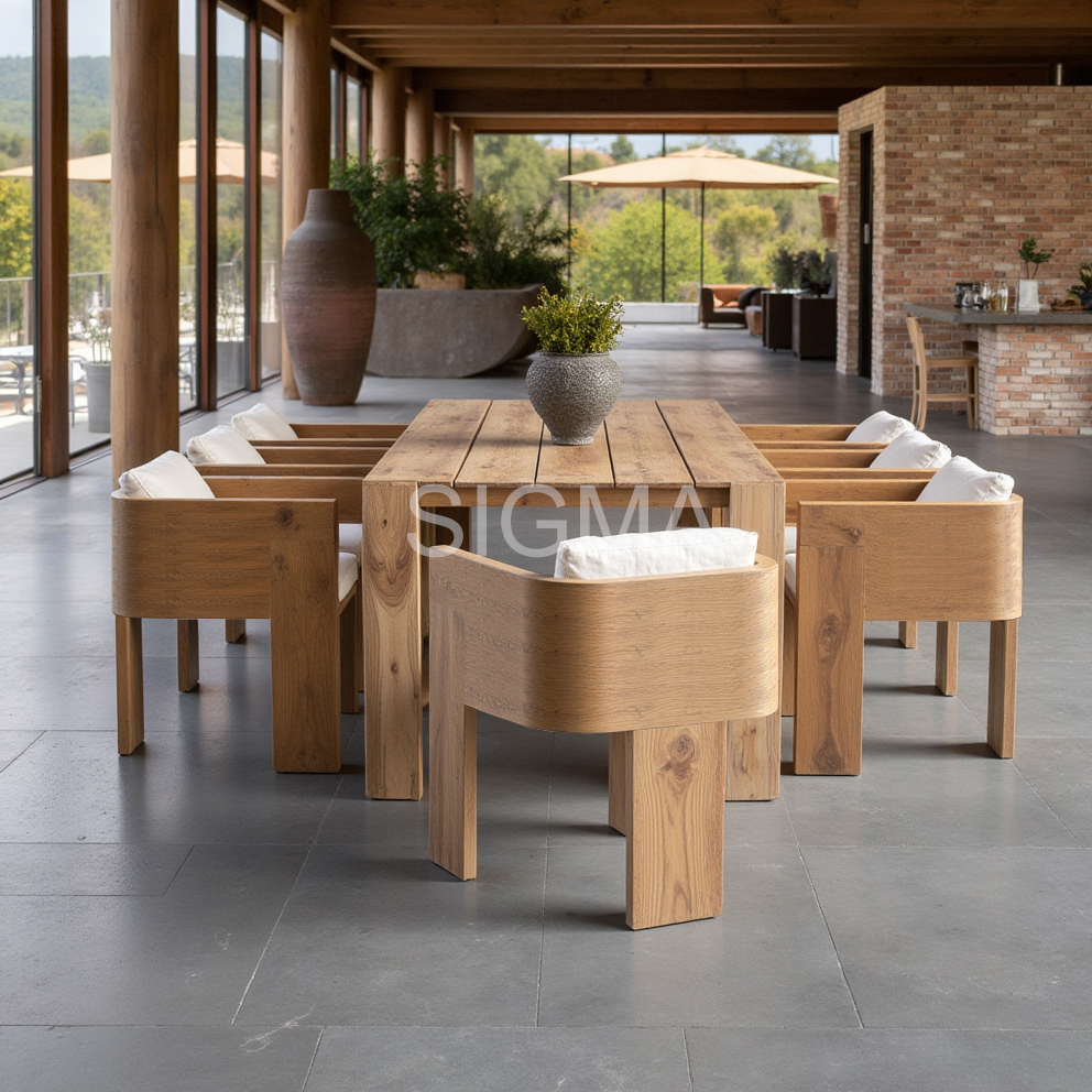 Sigma Outdoor Furniture Set Teak Wood Sofa Set Sunbed Wooden Tables Dining Chairs Outdoor Dining Set Lounge Chair Armchair