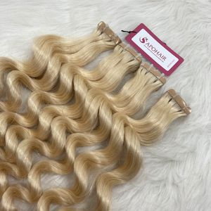 Venta al por mayor de alta calidad rubio claro cuerpo ondulado normal cinta extensiones de cabello humano - Product Image 6