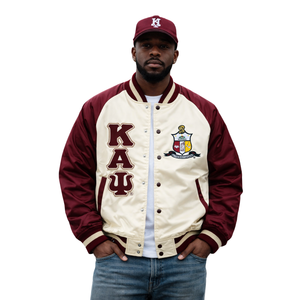 <b>Kappa</b> Alpha Psi Krimson and Kream-Bomber <b>Jacket</b> Greek Fraternity Varsity Style Premium Outerwear - Product Image 1