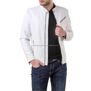Veste en cuir blanche coupe ajustée de qualité supérieure pour homme avec poches et poignets à fermeture éclair et col ceinture pour l'hiver - Product Image 3