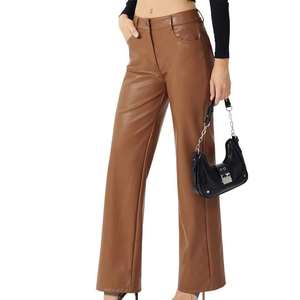 Pantalones de Pierna Ancha de Cuero Sintético Marrón para Mujer, de Cintura Alta, Corte Holgado, Largos, de Color Sólido, Casuales - Product Image 6