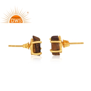 Último diseño 18K chapado en oro amarillo natural Ojo de Tigre piedra preciosa Stud pendiente Demi joyería fina fabricante - Product Image 4