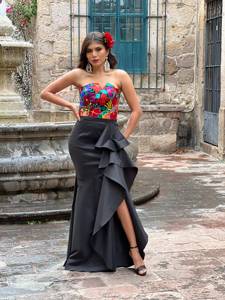 เดรสยาวเปิดไหล่สีฟ้าสำหรับใส่ทำงานปักลายดอกไม้สีชมพูชุดเดรสยาวเปิดไหล่สำหรับฤดูร้อนใหม่ล่าสุด - Product Image 5