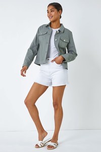 Women's Light Green Utility <b>Jacket</b> Turn-down Collar Three Quarter Sleeve Cotton Breathable Spring Short Length Button Closure - Product Image 3
