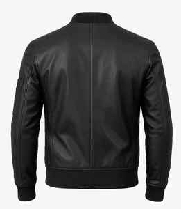 Blouson en cuir noir pour homme avec poignets et col côtelés |   Veste classique ajustée à fermeture éclair |   Fabrication OEM personnalisée disponible - Product Image 4
