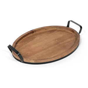 Bandeja de madera de mango ovalada de primera calidad con asas de metal duraderas Bandeja de madera elegante para mesa de centro Otomanos Exhibición de frutas y decoración del hogar - Product Image 1