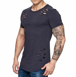 Wholesale Custom Men's Distressed O-Neck Short Sleeve T-<b>Shirt</b> 100% Cotton Hip Hop Eco-Friendly - Product Image 2