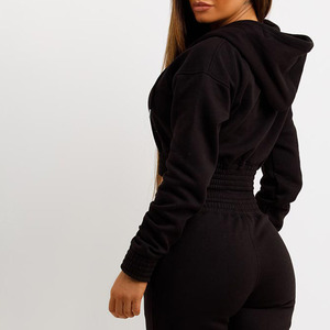 El último conjunto de chándal de mujer de 2 piezas negro personalizado con cremallera frontal recortada con capucha y pantalones de chándal Conjunto de chándal de 2 piezas para mujer - Product Image 6