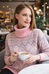 เสื้อสเวตเตอร์ถักลายชาติพันธุ์สำหรับผู้หญิง ดีไซน์หรูหรา เนื้อผ้านุ่ม ระบายอากาศได้ดี คอเต่า สไตล์วินเทจเก๋ไก๋ - Product Image 3