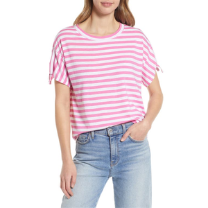 T-shirt da donna Caslon con maniche annodate, in jersey di cotone 100% traspirante, colore rosa ibisco con strisce bianche, vestibilità aderente, lunghezza corta, taglia M - Product Image 1