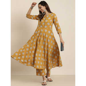 Ensemble Kurta Droit en Coton Imprimé Floral Moutarde pour Femmes avec Palazzo 48 Pouces Vêtements Printemps/Été - Product Image 4