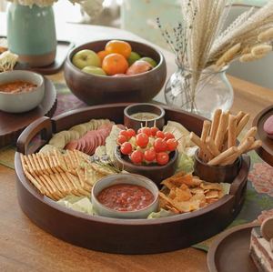 Bulk Price Brown Round Wood Serving Platter with Handles in Low Cost From India - Product Image 2