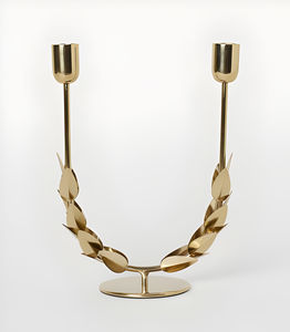 Minimalist <b>Brass</b> Candle <b>Holder</b> with 4-Candle Design and Curved Arms on Circular Base Modern Accent for Dining & Festive Decor - Product Image 2