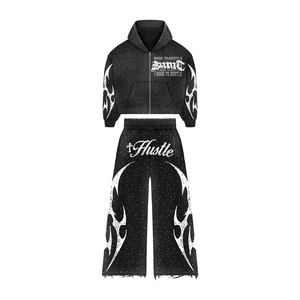 OEM ODM Logo personnalisé Impression en relief sur coton Survêtements pour hommes Impression de survêtement Pantalons cargo évasés et sweat-shirt 2 pièces Ensembles de jogging - Product Image 5