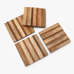 Ensemble de sous-verres en bois rectangulaires marron à rayures faites à la main pour le thé, le café, la table à manger et la décoration intérieure | Fournisseur en gros OEM - Product Image 1