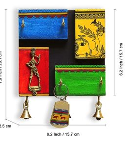 In-Key-genious warli ที่ใส่กุญแจไม้ทาสีด้วยมือพร้อมตะขอแขวนผนัง4อันสำหรับบ้าน - Product Image 6
