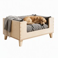 Erhöhtes Hundebett aus Massivholz mit Grauem Kissen, Erhöhte Hundehütte für Mittelgroße und Große Hunde, Modernes Wohnzimmermöbel