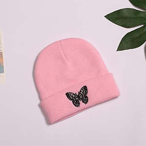 Gorro de Punto de Invierno, Suave, Cálido, Transpirable, Color Sólido, Estilo con Vuelta, Diseño de Mariposa Bordada en 3D, Unisex, para Clima Frío - Product Image 4