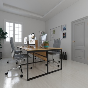 Table de bureau 4 places au design ministériel avec pieds en bois d'hévéa et en fer, dotée d'une barrière de protection sous le plateau - SFBVP003 - Product Image 6
