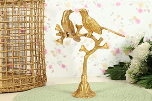 Handmade 10'' Animal for Birds Statue Gold Brass Couple Sitting on a <b>Tree</b> Branch Elegant Feng Shui Eco-Friendly <b>Decor</b> - Product Image 2