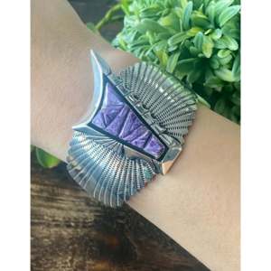 Vintage Southwest Style Handmade Charoite & Sterling <b>Silver</b> Fashion <b>Cuff</b> <b>Bracelet</b> - Product Image 3