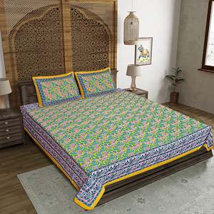 Juego de Sábanas Dobles Amarillas de 3 Piezas con Estampado Jaipuri, 100% Algodón, con 2 Fundas de Almohada (ADB1386) - Product Image 1
