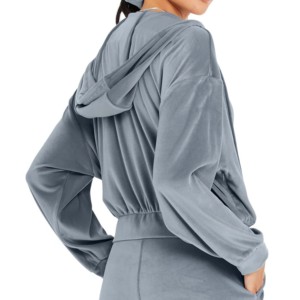 2026 Stylish Velour Full Zip <b>Crop</b> <b>Top</b> Hoodie Woman's Active Streetwear with Long Sleeves and Logo for Winter Wholesale - Product Image 2