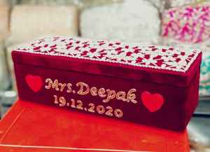 Personalized Red Velvet Bracelet Bangle <b>Box</b> Handcrafted Embroidered <b>Bridal</b> Jewelry Storage Wood Trousseau Packaging for Weddings - Product Image 4