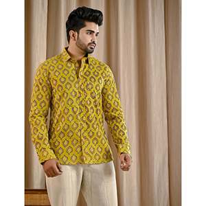 Chemise décontractée en popeline de coton jaune pour homme, respirante, taille XL, à manches courtes et sans col, 100 % coton imprimé - Product Image 5