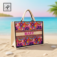 Bolsa de Lona Moderna y Elegante con Paneles Florales Bordados, Diseño con Nombre Personalizado, Duradera, Espaciosa, Abertura Superior Media, para Viajes