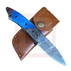 Navaja Plegable de Acero de Damasco con Refuerzo de Acero de Damasco, Mango de Hueso de Camello Teñido, Funda de Cuero, Grado Industrial OEM, Garantía de 3 Años, para Exteriores - Product Image 1