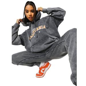 Unisex Vintage <b>Oversized</b> Acid Wash Tracksuit-Cozy Hooded <b>Joggers</b> and Loungewear Solid Pattern 2-in-1 Design for Fall Winter - Product Image 1