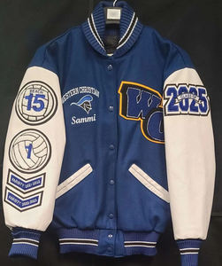 Chaqueta Varsity de Béisbol Personalizada con Bordado de Primera Calidad, Cuerpo de Lana Azul, Mangas de Cuero Blanco, Chaquetas Escolares - Product Image 6