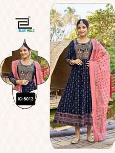 Traje de Anarkali de rayón pesado con bordado y trabajo de impresión con estampado de Chanderi pesado Dupatta - Product Image 4