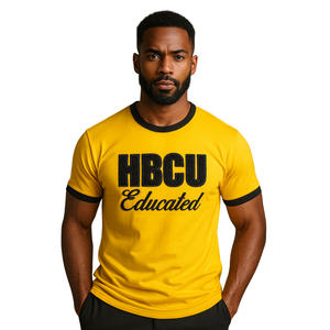 HBCU da uomo istruito in ciniglia con rifinitura a contrasto T-Shirt T-Shirt in oro con lettere marroni ricamate in morbido cotone e abbigliamento collegiale - Product Image 1