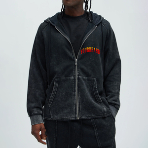 Prince Industry Streetwear logotipo personalizado de gran tamaño con capucha de peso pesado 100% algodón Vintage lavado ácido desgastado Zip up Hoodies hombres - Product Image 4