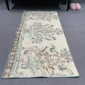 Alfombra Vintage de 2x4.2 pies, Alfombra Turca Pequeña, Alfombra Sólida Azul Marrón - Product Image 2