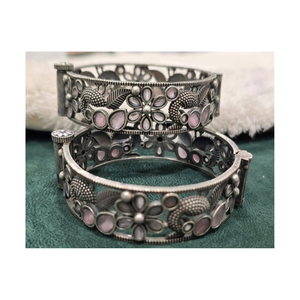 Exclusive Hot Deal on Top Quality Antique Ruby and Rose Quartz Custom Design Oxidised <b>Silver</b> <b>Girls</b> Daily Wear Polki Bangles - Product Image 1