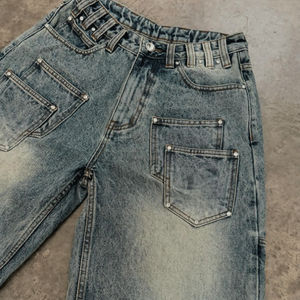 Pantalones cortos de mezclilla de retazos con logotipo estampado personalizado de alta calidad para hombre, ropa de calle de pierna acampanada con borde crudo Vintage lavado desgastado - Product Image 5