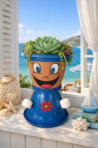 Pot de fleurs bleu Lauren NF, marque privée, pot de jardin décoratif en plastique peint à la main, pot de bureau style bohème en forme de visage - Product Image 4