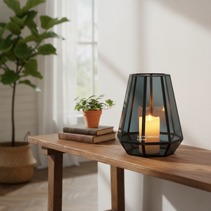 Lanterne décorative de table en verre artisanal géométrique carré, en acier inoxydable chromé moderne, pour intérieur/extérieur, porte-bougie - Product Image 1