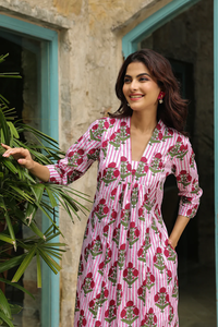 ODM/OEM Wholesale Cotton Fabric <b>Block</b> <b>Printed</b> Vintage Summer Casual Maxi Pockets Long Sleeves Tie Strengthening Note Button Fits - Product Image 3