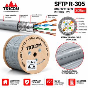 สายเคเบิลเครือข่าย TRICOM SFTP CAT 5E ยาว 305 เมตร สำหรับภายในอาคาร แบบมีฉนวน PVC ตัวนำ CCA สีเทา - Product Image 3