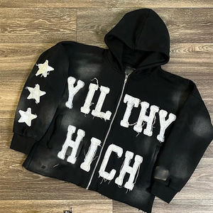 400Gsm Custom Applique Patch work Broderie Crop Hoodie Zip up Sweatshirt Acid Wash Vintage Washed Men Fleece Streetwear Hoodie - Product Image 5