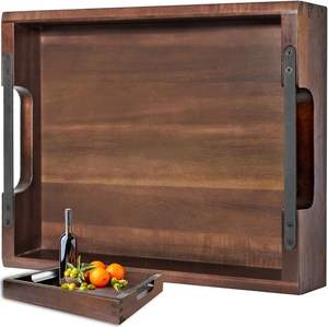 Plateau de service en bois d'acacia rustique écologique fait à la main Poignées en métal Design élégant Grand style ottoman pour la vaisselle Décoration de la maison Nourriture - Product Image 2