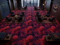 Moquette de luxe moderne à motif de récif corallien rouge et bleu foncé, moquette modulaire en nylon de qualité commerciale très résistante pour hall d'hôtel